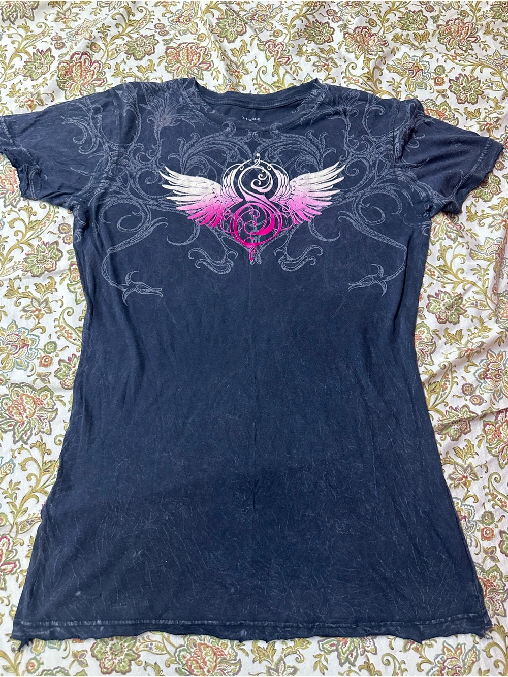 Sinful Black Tee with Pink and White Winged Heart Graphic